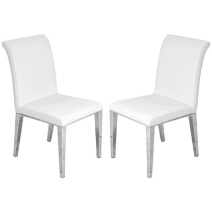 An Image of Kirkland White Leather Dining Chairs In Pair With Chrome Legs