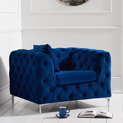 An Image of Berenices Velvet Lounge Chaise Armchair In Blue Plush