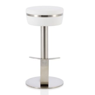 An Image of Heston Bar Stool In White Faux Leather With Stainless Steel Base