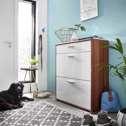 ed11d617e4ab6a63e6d7e900d22d4dbd2f4e7f84d1cb0f829ec0b2782ac6e114.jpg An Image of Big Foot Shoe Cabinet In Walnut With White High Gloss Fronts