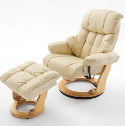 An Image of Calgary Swivel Relaxer Chair Leather Cream And Oak And Footstool