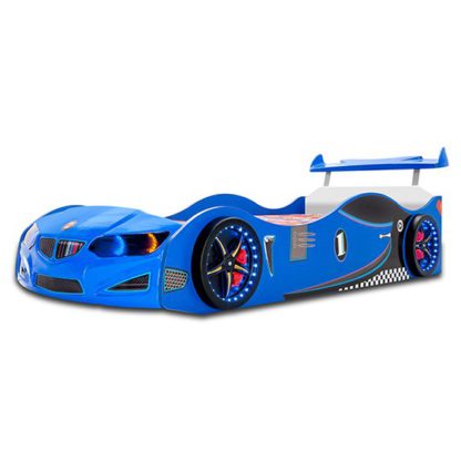 An Image of BMW GTI Childrens Car Bed In Blue With Spoiler And LED