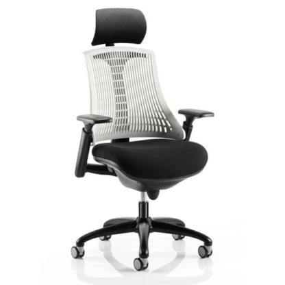 ef306147c53853df8fda4988a65604e4f20af899bd2b0ebed3ea00a1bd41de44.jpg An Image of Flex Task Headrest Office Chair In Black Frame With White Back