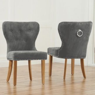 An Image of Chason Grey Plush Studded Dining Chair In Pair