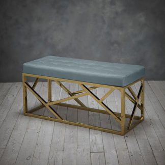 An Image of Renata Fabric Dining Bench In Green With Gold Frame