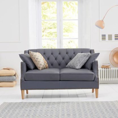 An Image of Kosmo 2 Seater Sofa In Grey Leather With Natural Ash Legs