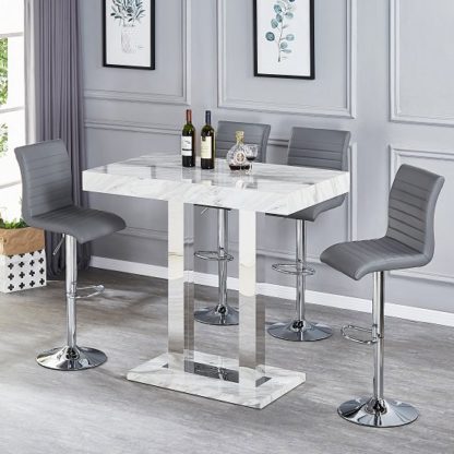 f0811df739be435cf3da1726fa3bef0288502d8d836d4527e9c47c1e1eb0c658.jpg An Image of Magnesia Grey Marble Effect Bar Table And 4 Ripple Grey Stools