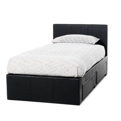 An Image of Lanolin Single Bed In Black Faux Leather With 2 Drawers