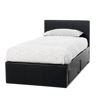 f0f23d5956479e66230a5b002b2b628c941efa0637128931b9ad771ff9d0f791.jpg An Image of Lanolin Single Bed In Black Faux Leather With 2 Drawers