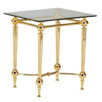 f0fc5e5eafa335edff3a85bcfa18147ced43962622f54fe0dd35c6188f3431aa.jpg An Image of Bonn End Table Square In Glass Top With Gold Plated Metal Frame
