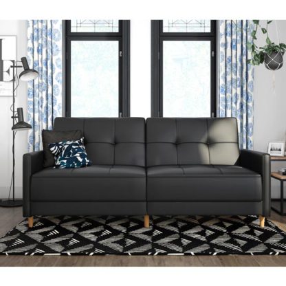 f161626830db09cacc955193658d8760cc9743eedc7d0eed317ab78244ed0841.jpg An Image of Andora Leather Sprung Sofa Bed In Black With Wooden Legs