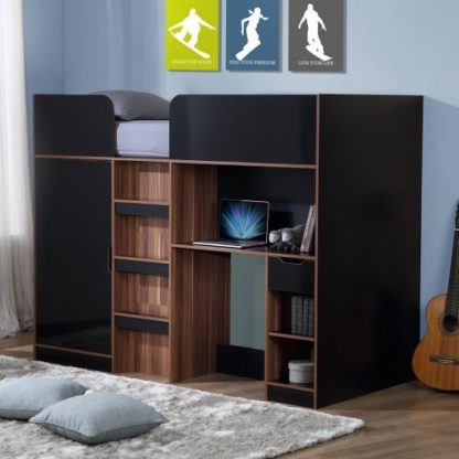 f1d56c4c582ed8e4fbce23161c5c9535f38738c1af3dedf2a69a17a14d5d8c18.jpg An Image of Cameo Children High Sleeper Bed In Walnut And Black With Storage