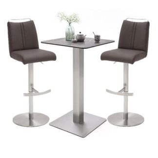 An Image of Soho Glass Bar Table With 2 Giulia Brown Leather Stools