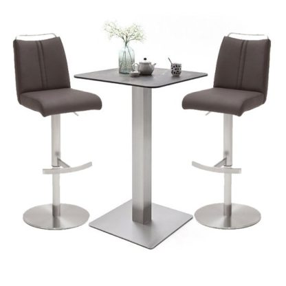 f2300d59729e674ae6582c1d26840d9126e5529e26070a821c6270a3720f33f3.jpg An Image of Soho Glass Bar Table With 2 Giulia Brown Leather Stools