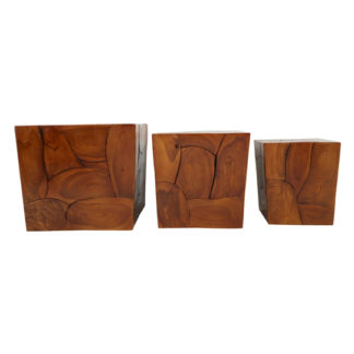 An Image of Praecipua Set Of 3 Teak Wood Root Stools In Brown