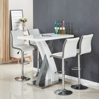 An Image of Axara Bar Table In White And Grey Gloss With 4 Ritz White Stools