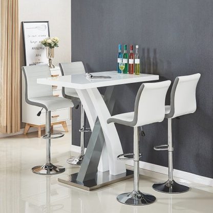 f4de4fa89bb1d3d6d3a5af38888c076c6884990bc701221c371c2b52bfa83f7d.jpg An Image of Axara Bar Table In White And Grey Gloss With 4 Ritz White Stools