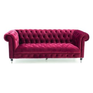 An Image of Reedy Chesterfield Three Seater Sofa In Berry With Metal Castor