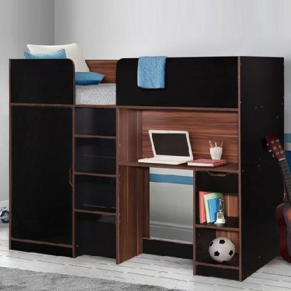 An Image of Camila Wooden High Sleeper Bed In Walnut And Black