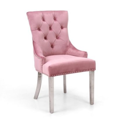 f62d0c7630efe88eb2fc9cbf98f1a6f57a142bb1dd0738818394876e3c509737.jpg An Image of Robbyn Accent Chair In Pink Velvet With Silver Steel Legs