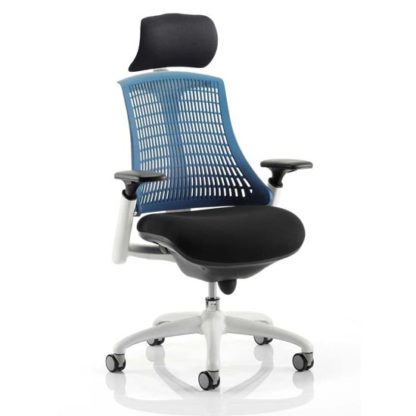 f740d0d82d4edf337111eb00b327e32fe33d882295cfed89295cf09e92a82b55.jpg An Image of Flex Task Headrest Office Chair In White Frame With Blue Back