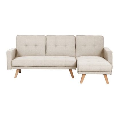 An Image of Cornis Corner Sofa Bed In Beige Fabric With Wooden Legs