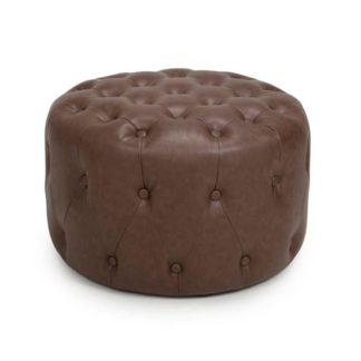 An Image of Verona Small Round Leather Effect Pouffe In Brown