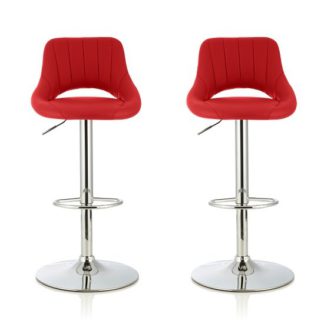 An Image of Shello Bar Stool In Red Faux Leather With Chrome Base In A Pair