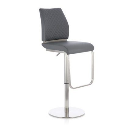 f85a2a106bf13f3b423fd5778c36fac584f4a32252d64d99bac781a68e94c25f.jpg An Image of Lillian Bar Stool In Grey Faux Leather And Stainless Steel Base