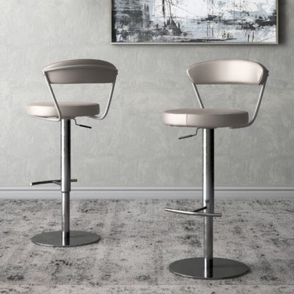 f85d8c23703c9faeef3eef6c08eb29f9b4c3f940d24bccd987e676a1d21570c2.jpg An Image of Gino Taupe Faux Leather Gas-lift Bar Stools In Pair