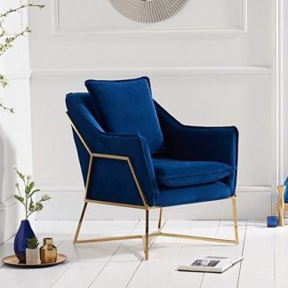 An Image of Baron Modern Accent Chair In Blue Velvet With Gold Frame