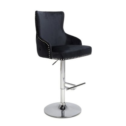 f98f72c753f9ee3b4c30aabd3615a6024f648928dc90f5913088e05622415ec5.jpg An Image of Reese Black Brushed Velvet Bar Stools With Chrome Base