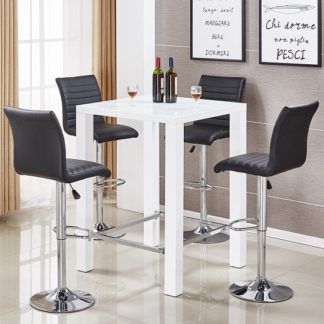 An Image of Jam Glass Bar Table Set In White Gloss 4 Ripple Black Stools