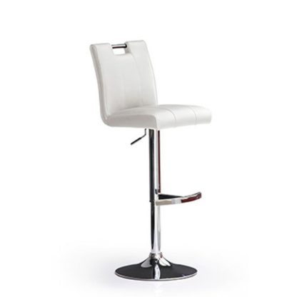 fc7f127b45043c803709771d56890cb0f0780f7c5c8f0662cd14b57fd8c1831a.jpg An Image of Casta White Bar Stool In Faux Leather With Round Chrome Base