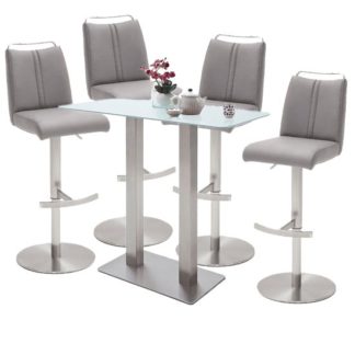 An Image of Soho White Glass Bar Table With 4 Giulia Ice Grey Leather Stools