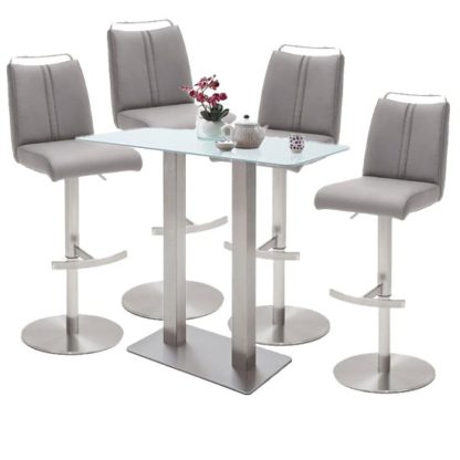 fcb0a40c923ee605f31b7133faf4a1c815606bb640a5a03ba4b3c098b6a55560.jpg An Image of Soho White Glass Bar Table With 4 Giulia Ice Grey Leather Stools