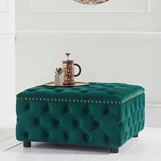 An Image of Aniara Velvet Square Footstool In Green