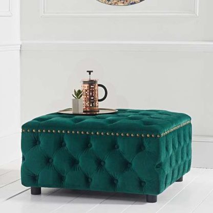 fcc3fc12c3e0685efeedf9d71de66b2b4bcfc42e3f31d804d1b3fdd443b7cda9.jpg An Image of Aniara Velvet Square Footstool In Green