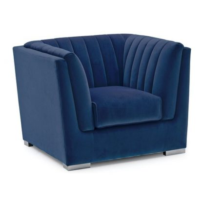 fced8f99f6403b687a5a1c9f4bb4e823c564115fa2d9796688857ee2ef32c1f0.jpg An Image of Flores Fabric Sofa Chair In Blue Velvet With Chrome Legs