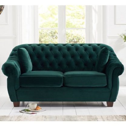 fe53324eee30650e5431a6739a40c92af46ba5300f170f78e14482ddf0325064.jpg An Image of Sylvan Chesterfield Fabric 2 Seater Sofa In Green Plush