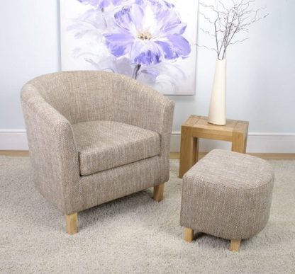ff9748cf7579ae336db58d58f9c781c7801461af2d305efe533787c6cf70aaef.jpg An Image of Pleven Tub Chair With Stool In Oatmeal Tweed Fabric