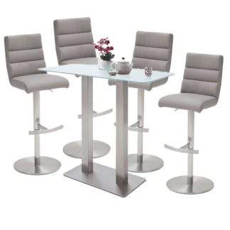An Image of Soho White Glass Bar Table With 4 Hiulia Ice Grey Stools