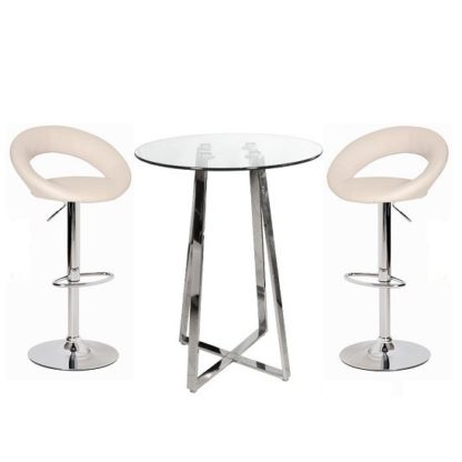An Image of Poseur Bar Table In Clear Glass With 2 Leoni Cream Bar Stools