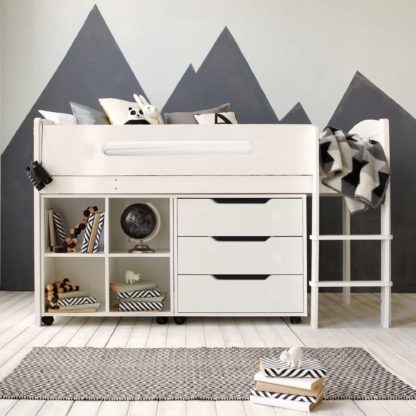 037aebcf13103db548cd30f6d068d64456a8b93e802f5fd9b220b07a68871404.jpg An Image of Kenzie Childrens Midsleeper with Chest Of Drawers And Storage Bookcase
