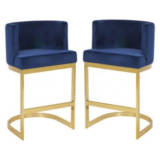 An Image of Lauro Blue Velvet Bar Chairs In Pair With Gold Legs