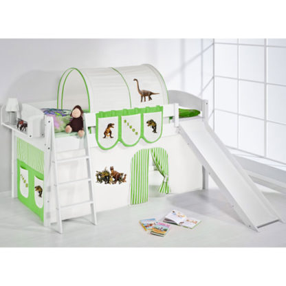 An Image of Lilla Slide Children Bed In White With Dinosaur Green Curtains