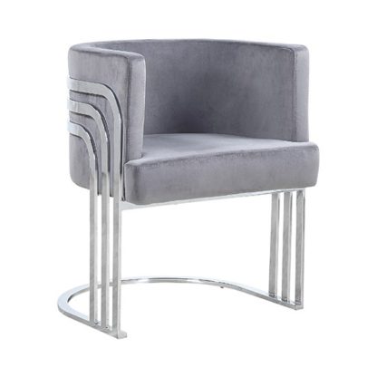 08616dfa114230bc36894609b4b2b6cf24deb7bee5936d328aae01f1f6cf37c8.jpg An Image of Lula Grey Velvet Dining Chair With Silver Stainless Steel Legs