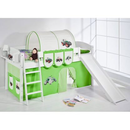 An Image of Lilla Slide Children Bed In White With Tractor Green Curtains