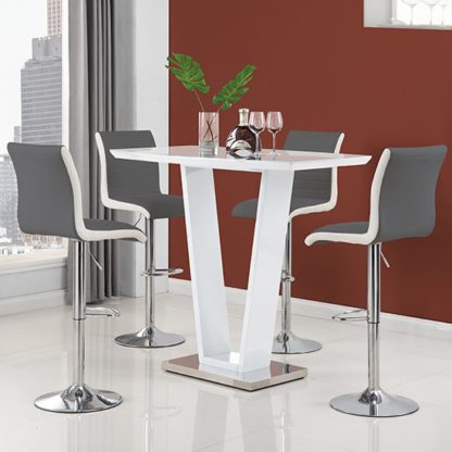 An Image of Ilko High Gloss Bar Table In White With 4 Ritz Grey White Stools