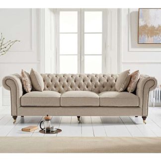 An Image of Cemori Chesterfield Linen 3 Seater Sofa In Cream